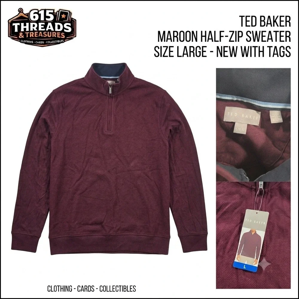 Ted Baker Mens Half Zip Sweater Large L Maroon Burgundy Pullover New With Tags